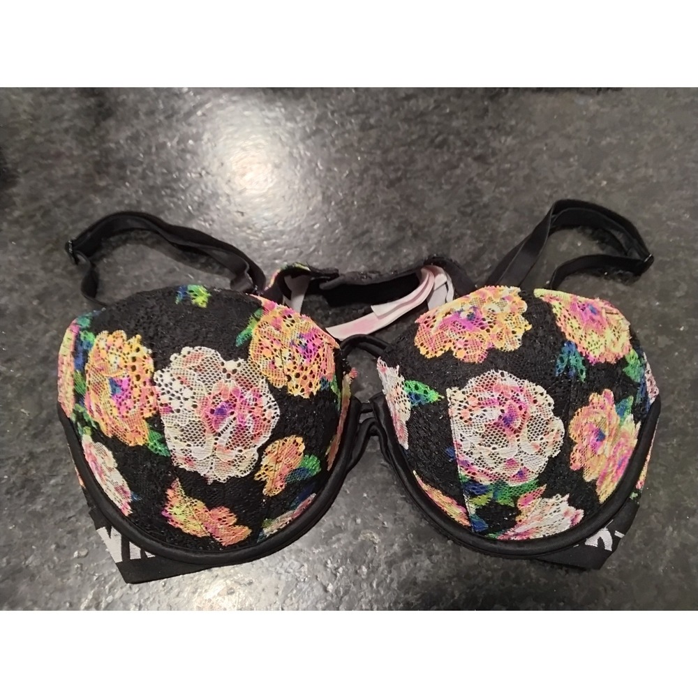 Victoria's Secret PINK Push Up Floral Lace Bra Black Pink Size 34D